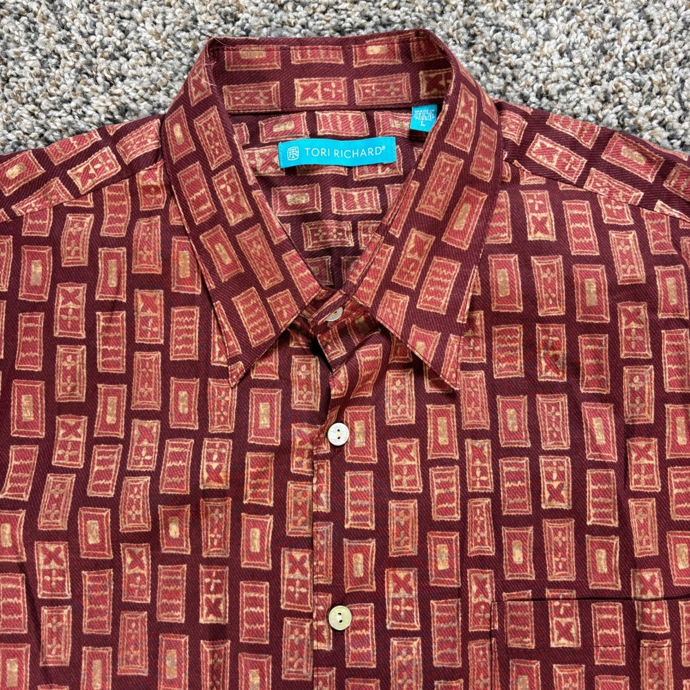 Tori Richard Men's Large Cotton Lawn Geometric Tile Print Button Down Shirt Red